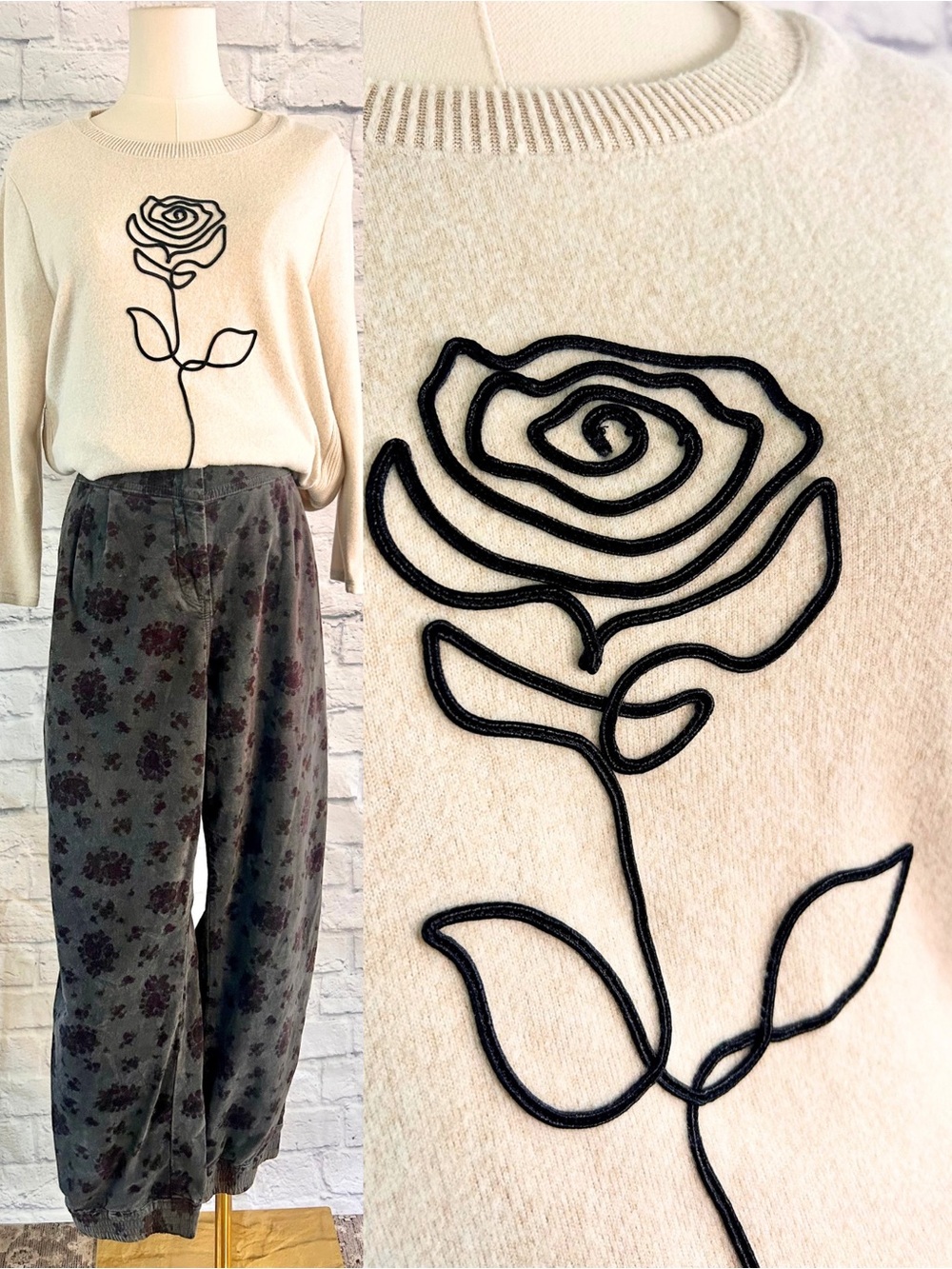 LOVE & LACE Cream Lightweight Sweater w Black Rose Appliqué Crewneck Cozy Soft